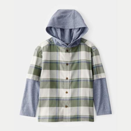Boys Plaid Layered-Look Button-Down Hooded Tee