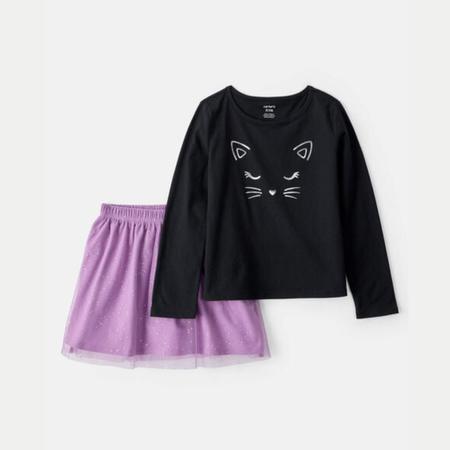 Kid 2-Piece Glitter Cat Tee & Tulle Tutu Skort Set